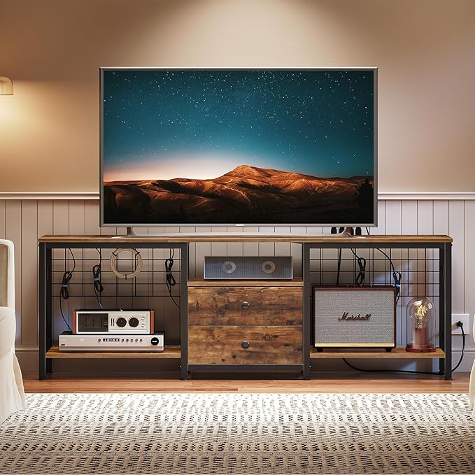 TV Stand with Power Outlet Up to 70 Inch, Entertainment Center with 2 Fabric Drawers, TV Console Table with Open Storage Shelves for TVs, Cable Management, for Living Room, Bedroom, DS16UBRY1