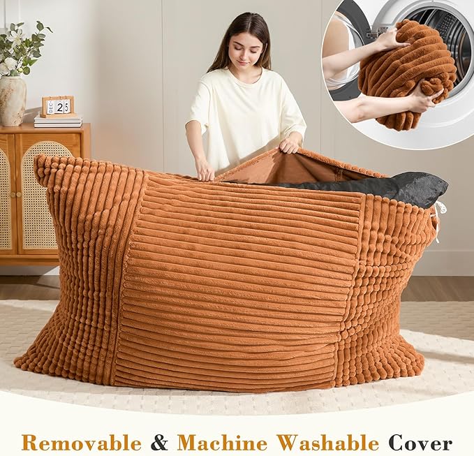 3-in-1 Giant Bean Bag Chair for Adults & Kid, Convertible Floor Sofa to Mattress, High-Density Foam Chair Bed with Washable Cover, Multi Functional Lounge Couch for Bedroom, Living Room (Orange)