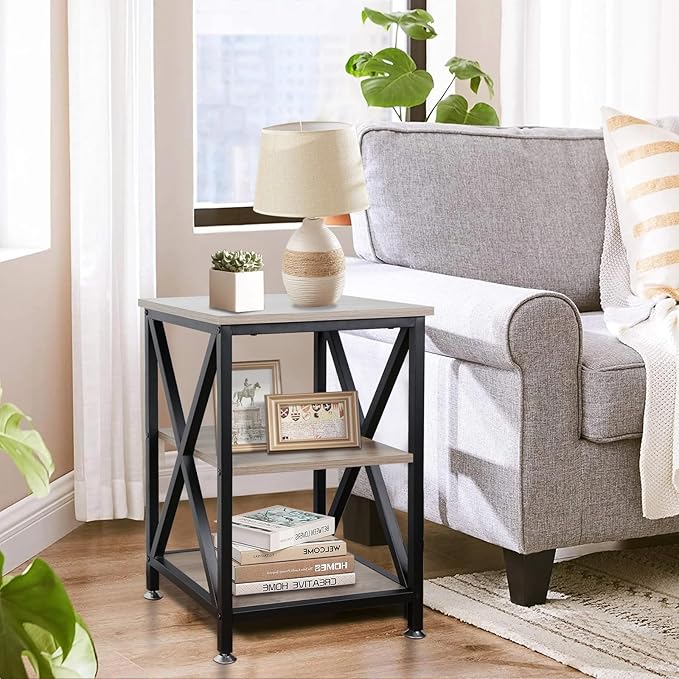 End Tables Living Room Set of 2, 16" D x 16" W x 24" H, Indoor Side Tables Living Room with Storage Shelf, Square End Table Set of 2, X-Shaped Night Stands for Bedroom, Farmhouse Wood End Tables, Grey