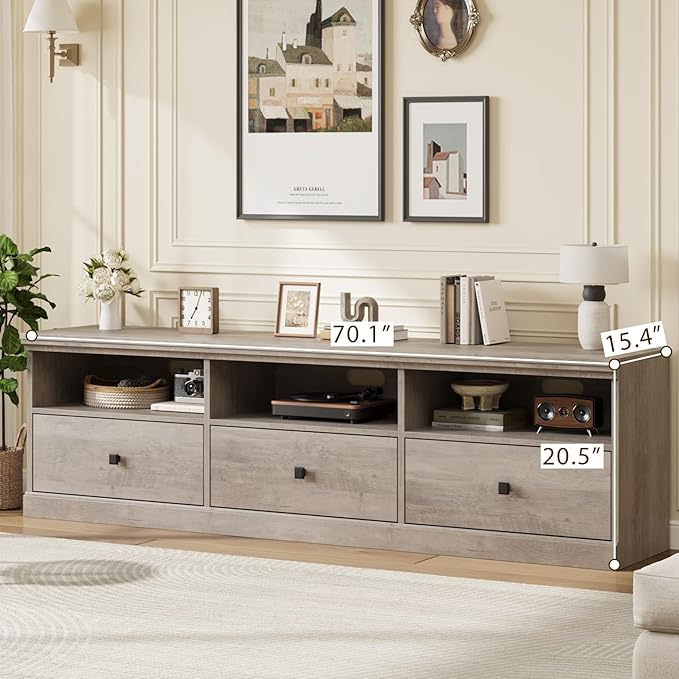 GarveeHome TV Stand for 65/70/75 Inch TV, Entertainment Center with Storage Drawer, Mid-Century Modern TV Console with Open Shelves, 70in Media TV Cabinet for Living Room, Bedroom, Gray