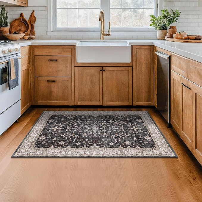 Large 3x5 Entryway Rug Indoor - Washable Non-Slip Low Pile Ultra Soft Area Rug for Large Kitchen, Bedroom Bedside, Mudroom - Boho Modern Aesthetic Geometric Decor (3x5 Black/Multi)