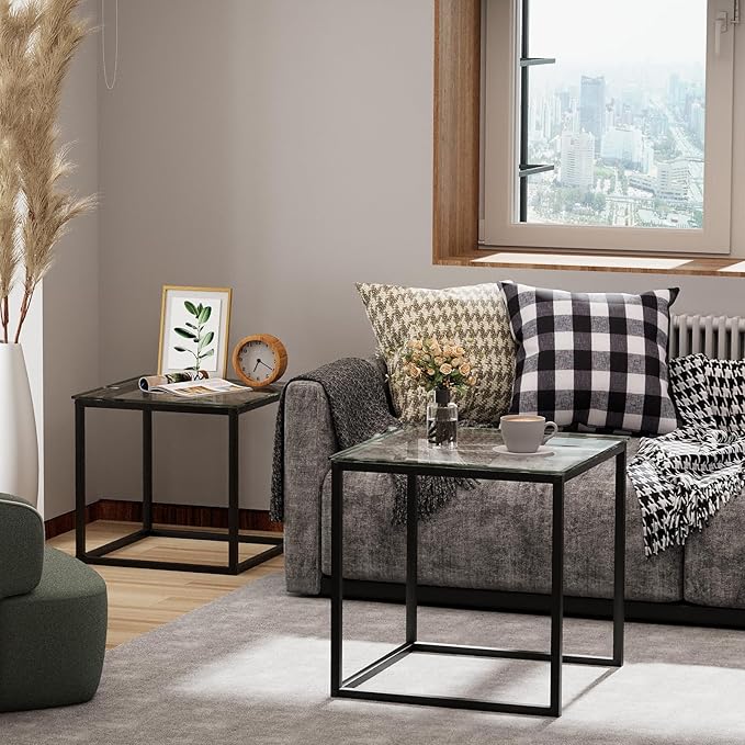 Garden 4 you Coffee Table Set of 2, Modern Glass Nesting Table, Metal Frame Square Center Table Set, Side Tables, Nesting Coffee Table for Living Room, Bedroom and Small Spaces, 19.7in Black