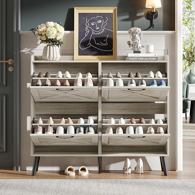 Maupvit Large Shoe Storage Cabinet with 4 Flip Drawers, Narrow Shoe Cabinet for Entryway with Wooden Legs, Freestanding Hidden Shoe Rack Organizer ＆ Metal Hinges, Beige