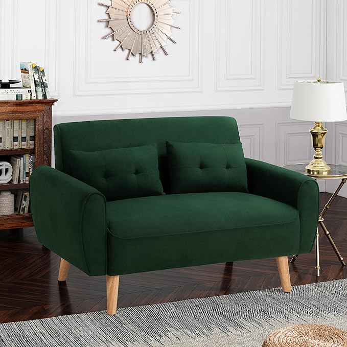 Shintenchi Small Modern Loveseat Couch Sofa, Mid Century Fabric Upholstered 2-Seat Sofa Couch Love Seats Furniture for Small Space,Living Room,Studio,Apartment with 2 Pillows,Green