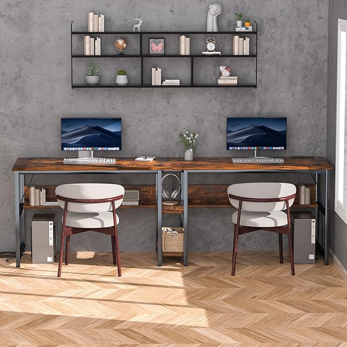 78.74" Two Person Desk with 2 Power Strips, Double Desk with Shelves, Long Computer Desk for Two People, Wood Writing Desk Workstation for Home Office, 23.62"D x 78.74"W x 29.52"H, Rustic Brown