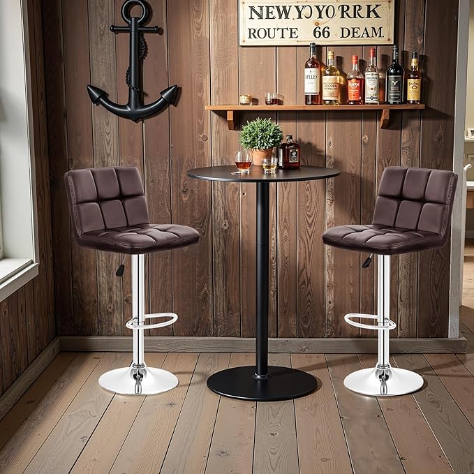 BestOffice Bar Stools Set of 2, Adjustable PU Leather Swivel Barstools, Modern Counter Stools with Back and Footrest, Counter Height Barstools for Bar, Kitchen and Dining Room