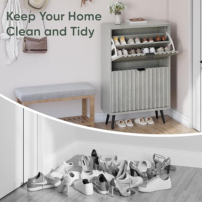 Smuxee Shoe Cabinet with 2 Flip Drawers, 23.6" Grey Hidden Shoe Storage Cabinet with Fluted Design, Freestanding Shoe Organizer Cabinet for Entryway, Hallway, Living Room, Closet