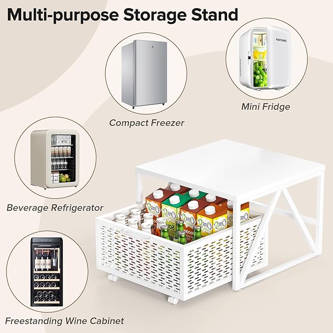 Urban Deco Mini Fridge Stand with Storage, Heavy Duty Fridge Cart with Drawer Basket, Mini Refrigerator Table for 220 LBS, Mobile Fridge Stand with Swivel Wheels for Dorm,Office,Home,White