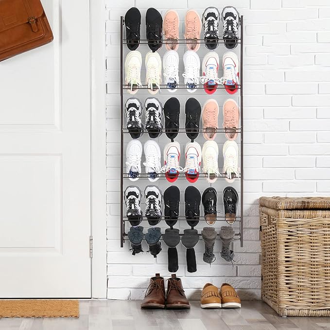 MyGift 5-Tier Wall Mounted Dark Brown Metal 18 Pair Boot and Shoe Storage Rack Organizer Stand