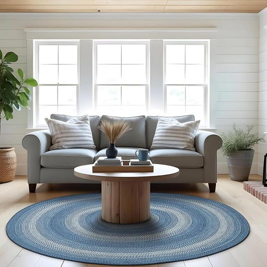 Denim Blue Round Braided Rug, Jute, 6' - Perfect Coastal Country Decor for Living Room, Dining Room, Everywhere