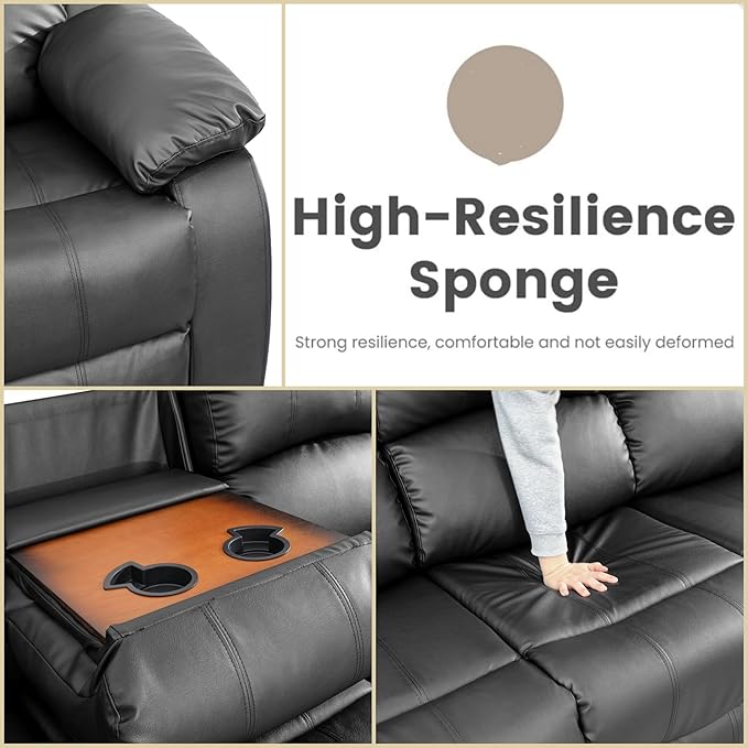 Leather Recliner Sofa Couch, 3-Seater Home Theater Seating Reclining Sofa, Power Reclining Couch with Cup Holders & Drop Down Table for Living Room Furniture Sets, Black