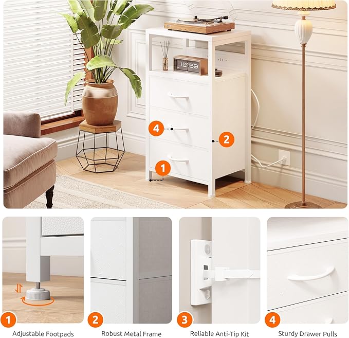 NightStand Bedside Charging Table Bedroom - White Night Stand with Charger Station, USB-C USB Ports & AC Outlets for Dorm, Living Room, Modern End Table with Open Shelf & 3 Fabric Drawers