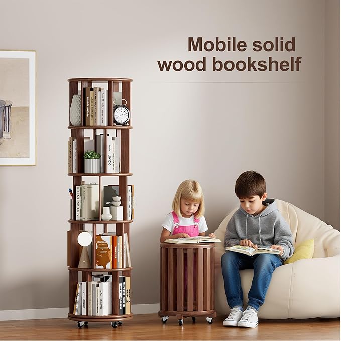 KEIKI 5 Tier Rotating Bookshelf on Wheels, Solid Wood Revolving Bookcase with Storage, 360° Spinning Tall Book Organizer for Small Space, Bedroom, Living Room, Walnut