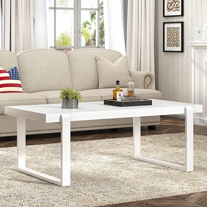 FOLUBAN White Coffee Table, Modern Rustic Wood and Metal Center Table, Rectangle Cocktail Tea Table for Living Room, 47 Inch