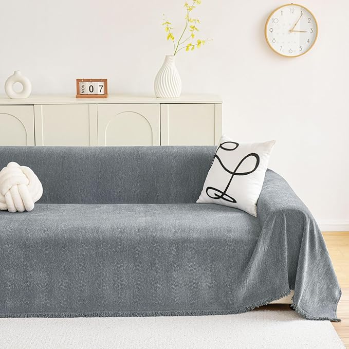 hyha Couch Cover for Dogs, Boho Sofa Covers for 3 Cushion Couch Washable, Chenille Sofa Slipcover for Pets, Soft Loveseat Sectional Couch Throw Blankets with Tassels (Grey, 88.5x118 Inch)