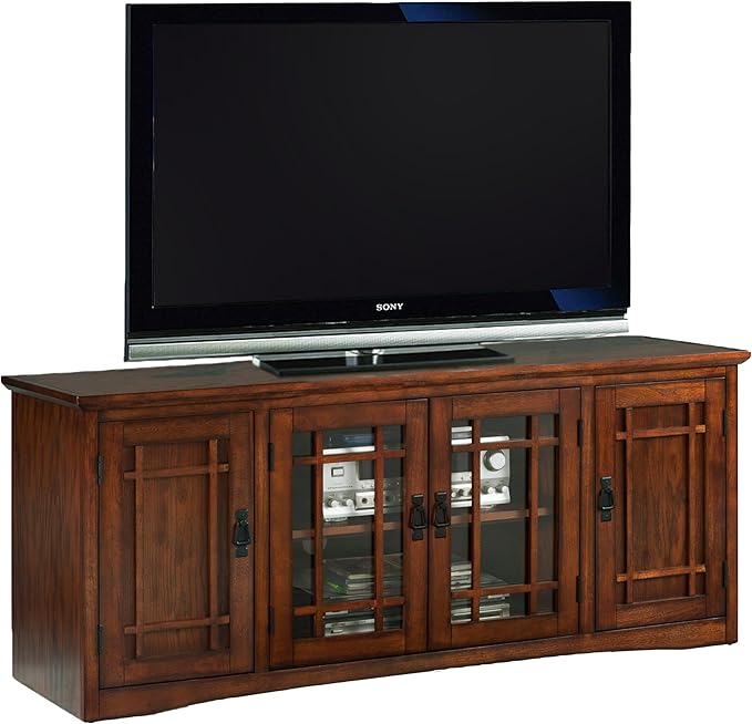 Leick Home 82360 Solid Wood Mission Oak Four Door TV Stand For 65" TVs Universal TV Console Living Room Storage Shelves Entertainment Center, Mission Oak