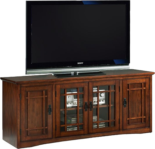 Leick Home 82360 Solid Wood Mission Oak Four Door TV Stand For 65" TVs Universal TV Console Living Room Storage Shelves Entertainment Center, Mission Oak