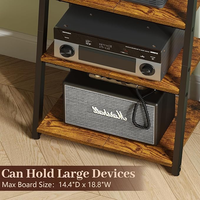 4-Tier AV Media Stand with Power Strips, Heavy Duty Stereo Cabinet Stand with LED Lights, Wooden Record Player Stand with 2 Hooks, Audio Stand Furniture Perfect for DVD Player/Game Console/TV Box/Xbox