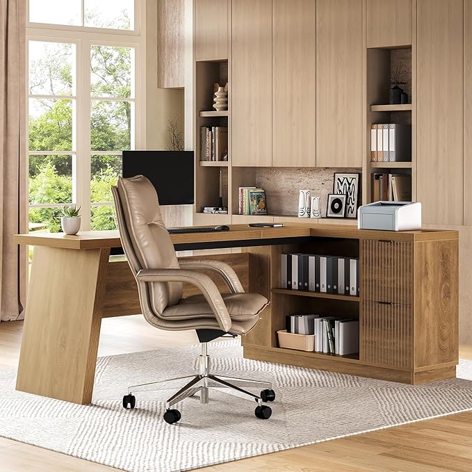 LITTLE TREE 78-Inch L-Shaped Executive Desk, Modern Desk with Drawers & File Cabinet, Large Walnut Office Workstation with Storage Shelves for Home Office
