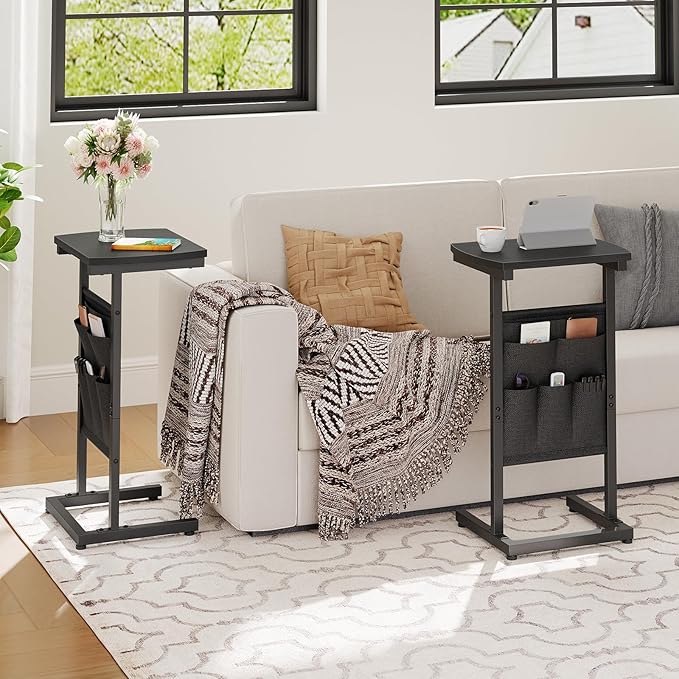 HOOBRO C Shaped End Table Set of 2, Small Side Table for Couch with Storage Bag, Slide Under Sofa, TV Tray for Small Place, Sturdy Frame, Living Room, Bedroom, Black BB40SFP201