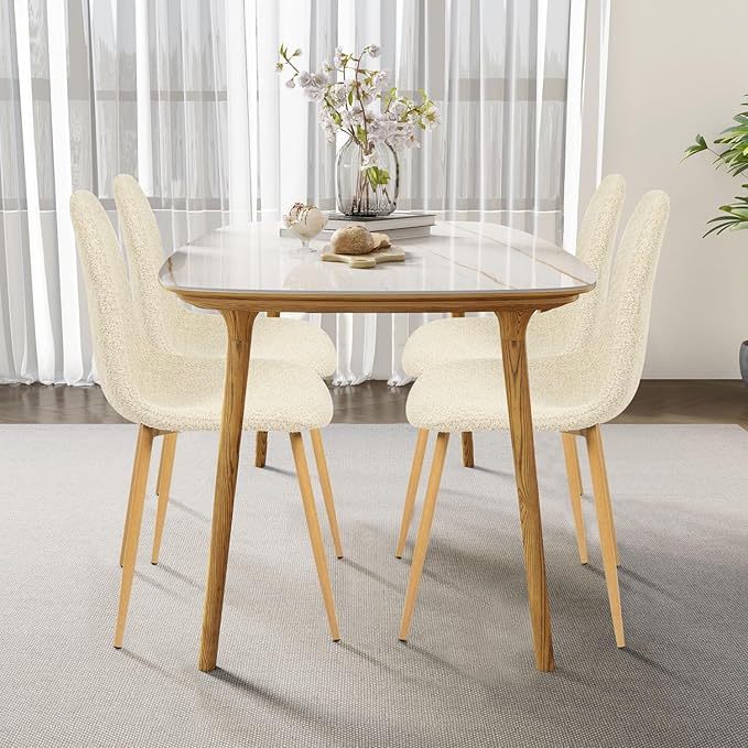 FurnitureR Dining Chairs Set of 4, Upholstered Chenille Fabric Dining Room Seating with Sturdy Metal Legs, Armless Mid-Back Side Chairs for Kitchen, Living Room, Bedroom, Home Office, Beige Cream