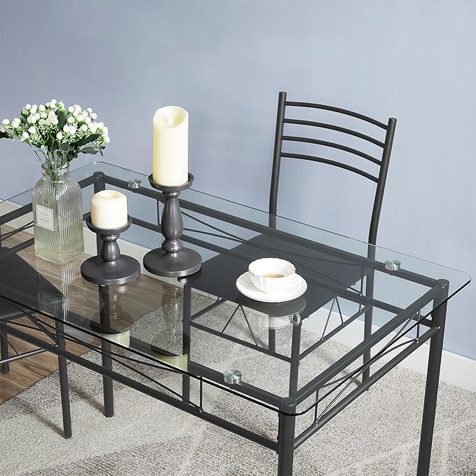 VECELO 5-Piece Kitchen Dining Table Set, Glasses Tabletop & Heavy-Duty Metel Frame, Rectangle Dinette with 4 Chairs for Small Space, Breakfast Nook, Glasses & Black