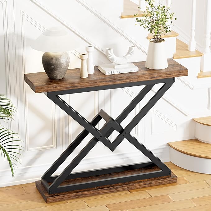 JUSTOGO 39.4" Console Table, Industrial Entryway Table Triangle Design for Living Room, Narrow Wood Sofa Tables for Hallway, Entrance, Foyer, Modern Accent Furniture Home Decor, Rustic Brown