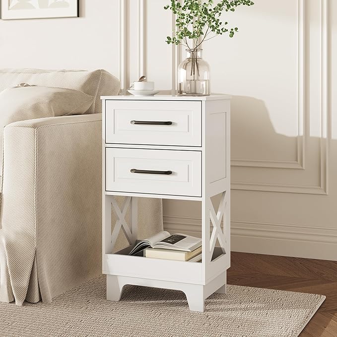 Tall Nightstand Set of 2 Side Table with 2 Drawers Modern Night Stand Wooden End Table Bedside Table with Below Open Shelf Solid Feet for Bedroom, Living Room, White