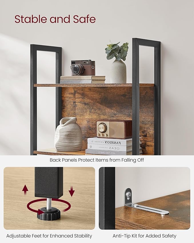 VASAGLE 5-Tier Bookshelf, Book Shelf, Industrial Bookcase, with Steel Frame, for Living Room, Home Office, Bedroom, 9.4 x 24.4 x 65 Inches, Rustic Brown and Black ULLS025B01