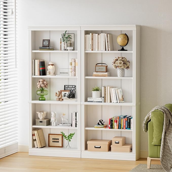 YESHOMY 72" Bookcase and Bookshelf, 5-Tier Wood Bookcases with Shelves, Tall Floor Standing Book Shelf Storage Cabinet Home Decor Furniture for Living Room, Home Office, White, 2 PCS