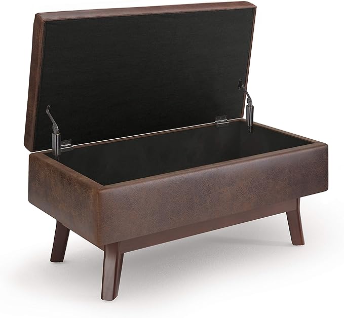 SIMPLIHOME Owen 36 inch Wide Mid Century Modern Small Rectangular Storage Ottoman in Distressed Chestnut Brown Vegan Faux Leather, Assembled, For the Living Room, Entryway and Family Room