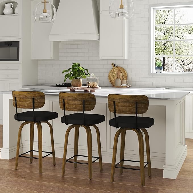 Swivel Counter Height Bar Stools with Back Set of 2, 26" Faux Leather Kitchen Bar Stools with Wood Legs and Metal Footrest for Kitchen Island (Black PU)