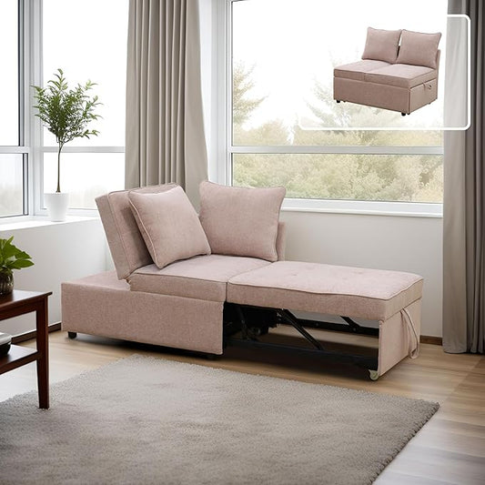 Sleeper Sofa, 4-in-1 Convertible Ottoman Couch Bed, Modern Sackcloth Futon Sofa Bed with 2 Pillows Adjustable Backrest, Recliner Folding Loveseat for Living Room, Apartment Dorm, Office,Pink