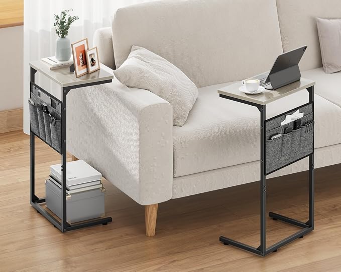 Vagusicc C Shaped End Table, 28'' Tall Side Table for Couch, Small Couch Side Table, Tall Arm Chair Table TV Tray Tables Living Room, Slide Under Sofa Table with Metal Frame for Bedroom Small Spaces