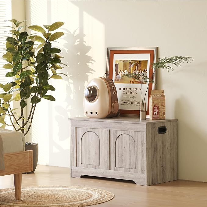 DINZI LVJ Storage Chest, 31.5”Wooden Storage Box with 2 Safety Hinges, Entryway Bench with Flip-Top, Sturdy Trunk for Living Room, Bedroom, Easy Assembly, Greige