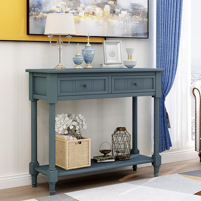 Merax Daisy Series Entryway Table with Storage Drawers and Bottom Shelf Navy