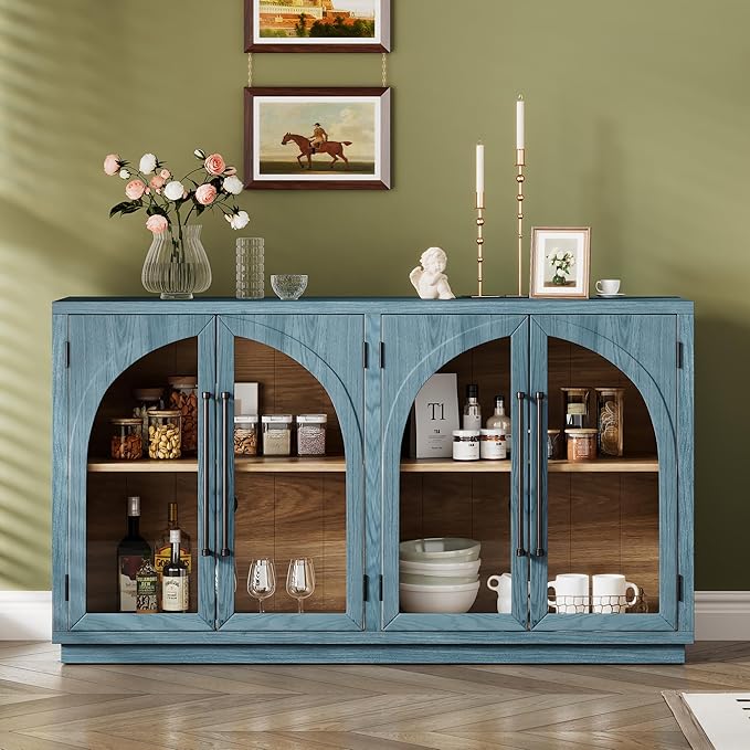 Merax Retro Buffet Sideboard, Wood Storage Cabinet with Shelves, 4 Doors for Living Room Kitchen Dining Room Navy