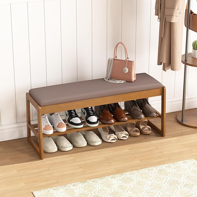 Shoe Storage Bench with Cushion - 2-Tier Shoe Rack Entryway Bench with Flip-Top Storage, Walnut Wooden Shoes Benches Organizer for Entryway, Hallway, Living Room, Bedroom, Closet(Walnut, 39.4" W)