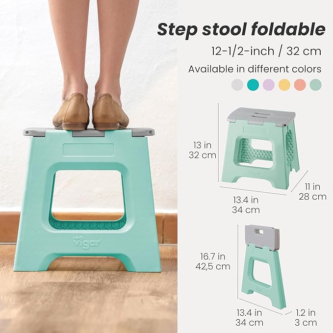 Vigar Compact Step Stool Foldable, 12-1/2-inch Step Stools for Adults up to 330 Pound, Lightweight Stool, Non-Slip Folding Step Stool, Light Turquoise