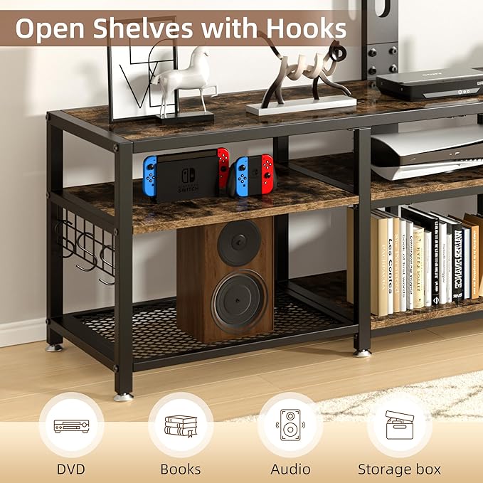 VECELO 63" TV Stand with Mount and Power Outlets, Entertainment Center Console with Open Storage Shelves, Height Adjustable Mount up to 75”, Wooden Table and Metal Frame for Living Room, Rustic Brown