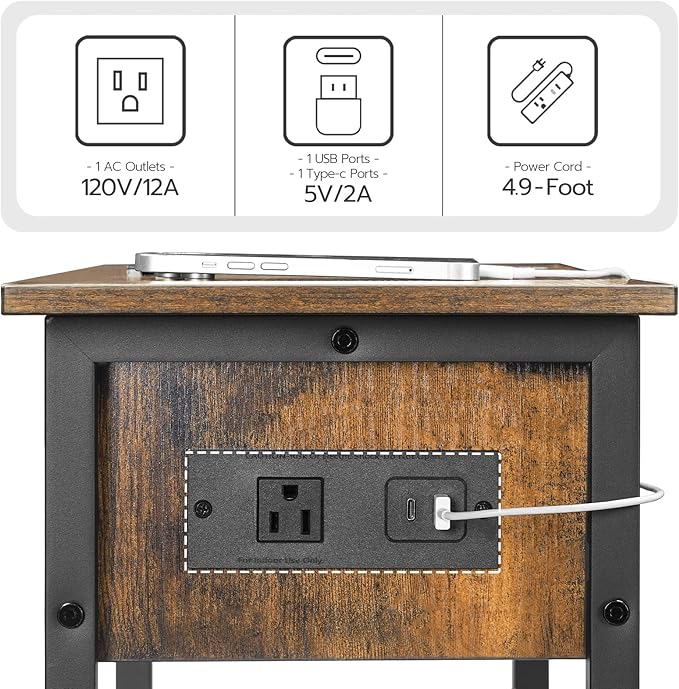 HOOBRO End Table with Charging Station, Flip Top Narrow Side Table with Storage Drawer, Slim Nightstand Bedside Tables, for Small Space, Living Room, Bedroom, Rustic Brown and Black BF343UBZ01G1