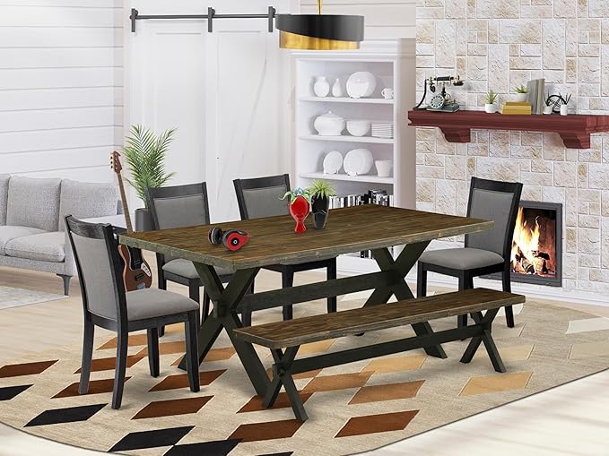 East West Furniture X677MZ650-6 6 Piece Kitchen Table Set Contains a Rectangle Dining Table and 4 Dark Gotham Grey Linen Fabric Parson Chairs with a Bench, 40x72 Inch, Multi-Color