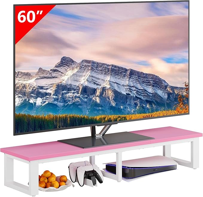 Clikuutory 45" Large TV Riser for 32-60 inch TVs, Tabletop Stand with Steel Legs, Storage & Dual - Screen Office Desk Function, Ideal for Home Office, Bedroom, Living Room, Pink