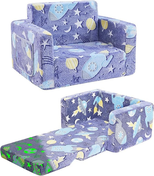 Toddler Couch,Toddler Chair,2-in-1 Baby Seat Furniture Fold Out, Convertible Sofa to Lounger Comfy Glow in The Dark Sofa Bed,Gifts for Kids Girl Boys,Rocket,Medium