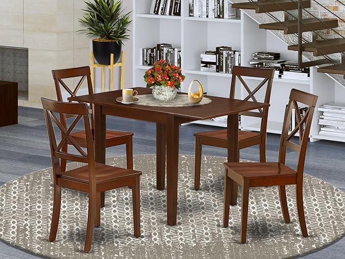 East West Furniture NDBO5-MAH-W 5 Piece Dining Room Furniture Set Includes a Rectangle Dining Table with Dropleaf and 4 Wood Seat Chairs, 30x48 Inch, Mahogany