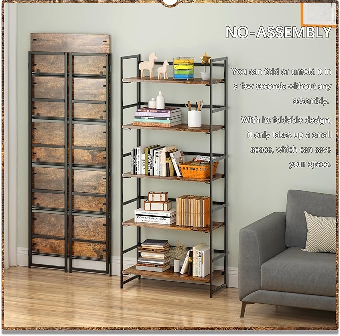 4NM No Assembly 5 Tiers Book Shelves, Black Folding Bookshelf Bookcase Open Industrial Foldable Shelves for Bedroom, Living Room, Home Office - Rustic Brown Black