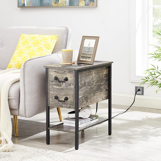 VECELO End Tables,Narrow Nightstands with Charging Station & USB Ports &Drawers,Night Stand for Living Room, Bedroom,Misty Gray