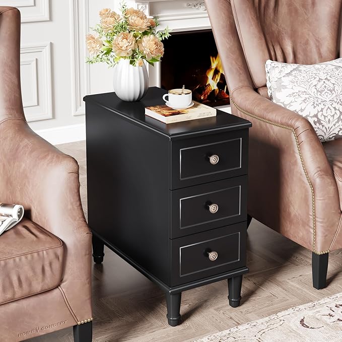 Tribesigns Solid Wood End Table Set of 2, Fully Assembled Narrow Side Table with Drawers, Pre-Assembled Nightstand Slim Bedside Table for Small Spaces, Living Room, Bedroom, Black