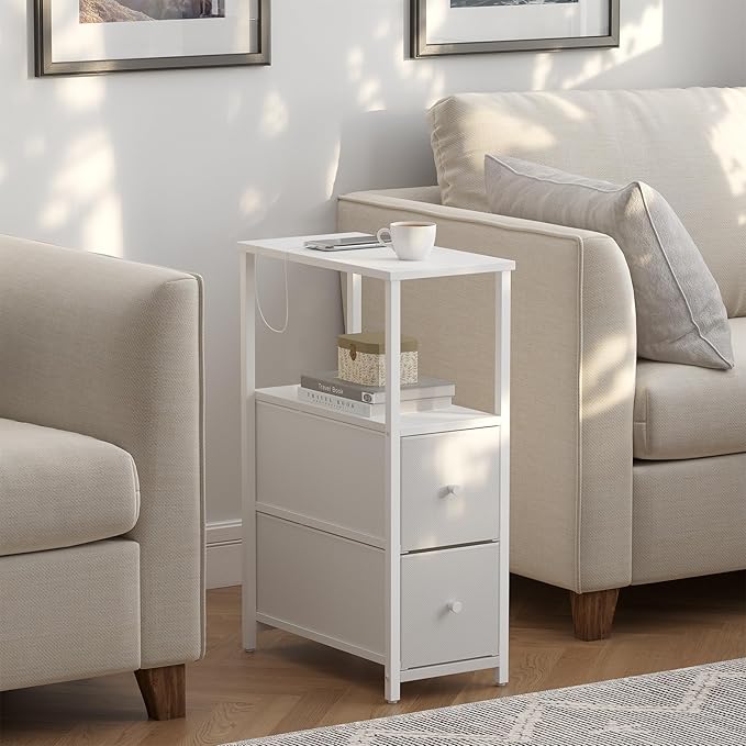 TUTOTAK Small Narrow End Table, Set of 2, Side Table, Nightstand with 2 Cloth Drawers, Couch Table, for Living Room, Bedroom, Bedside, White TB01BW054