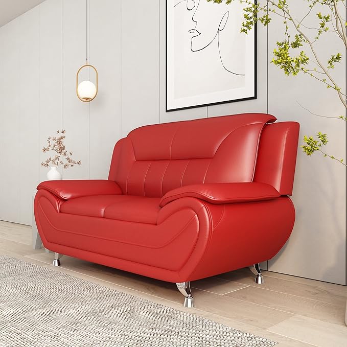 Container Furniture Direct Michael Modern Faux Leather Upholstered Stainless Steel Legs Living Room, Chair, Loveseat, Sofa, White Dove